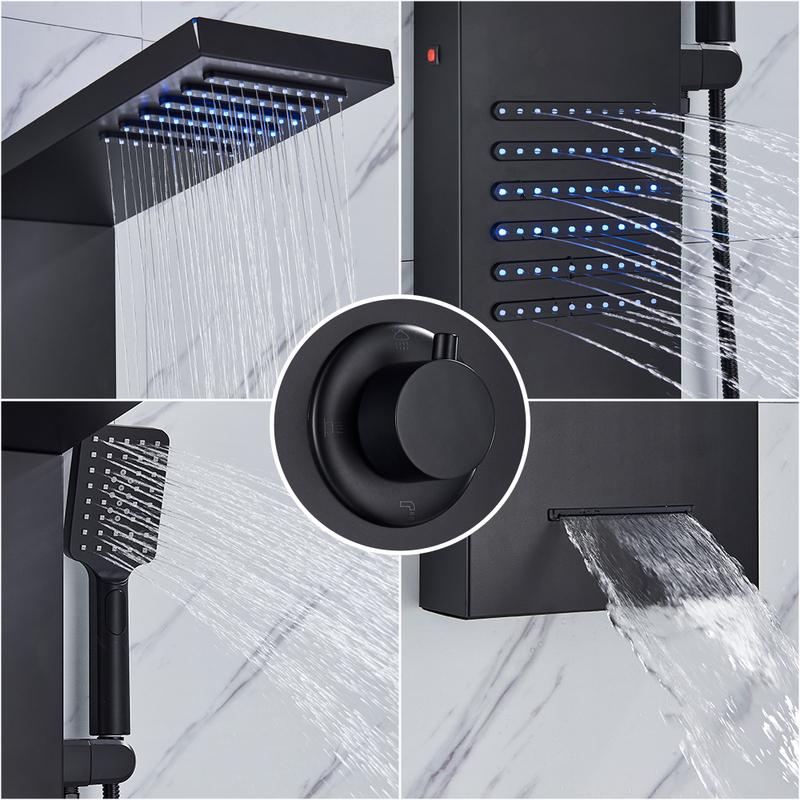 Black LED Shower Panel Tower System Rain Waterfall Shower Column Hydroelectricity Massage Body Spa Bath Shower Faucet Mixer