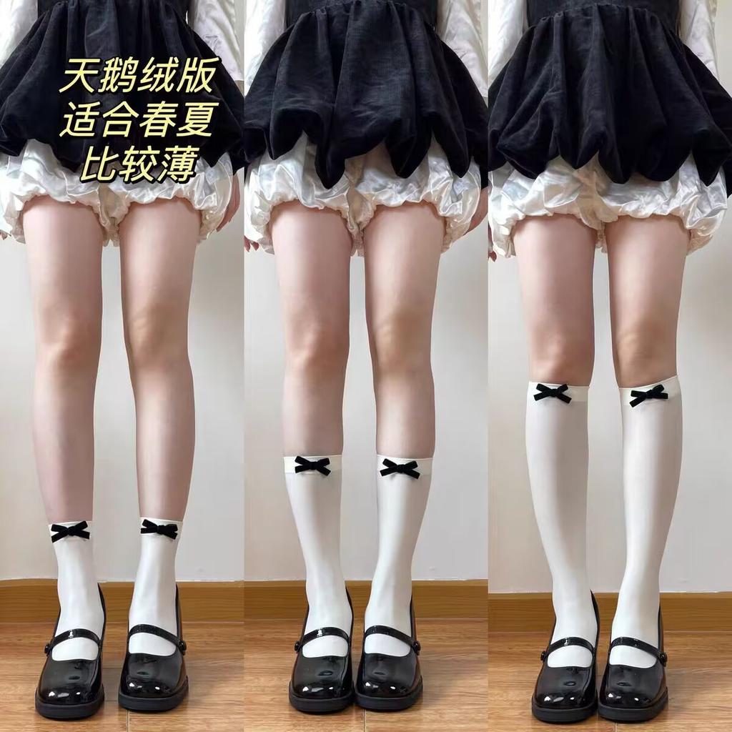 Velvet Bow Ballet Girl Medium Tube Socks Two Wear Pile Socks White JK Socks Lolita Socks Calf Over Knee