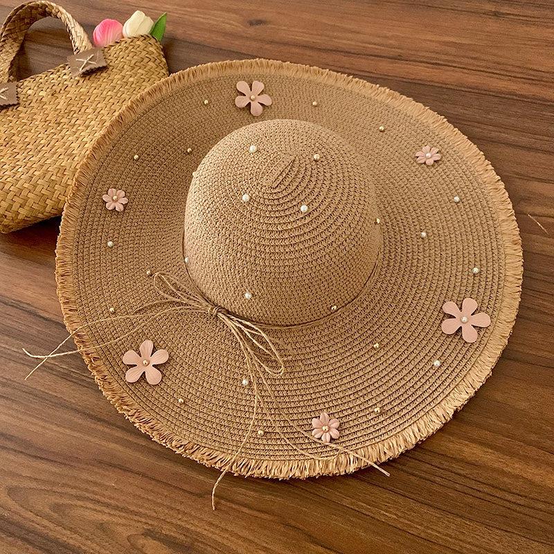 Lace Bow Straw Hat Women's Summer French Large Brim Sunscreen Hat Seaside Beach Vacation Sun Hat
