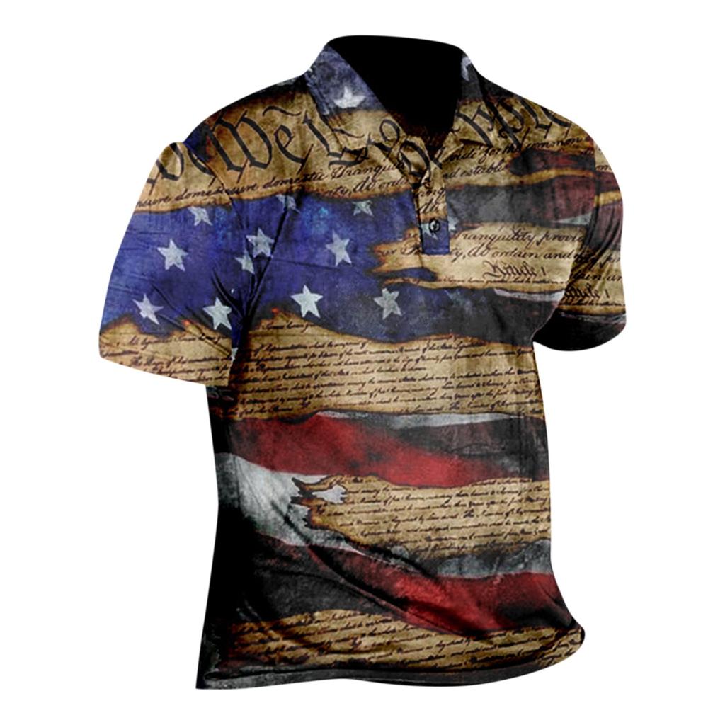 Western Men's Top With Independent Day Printing Short Sleeved Flip Button Fashionable Loose Fitting Shirt
