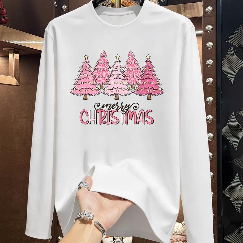 (Asian Size) Trend Cute Tree Christmas New Year Graphic Tee Print T Shirt Women Autumn Winter Casual Fashion Top Clothing Long Sleeve T-shirts
