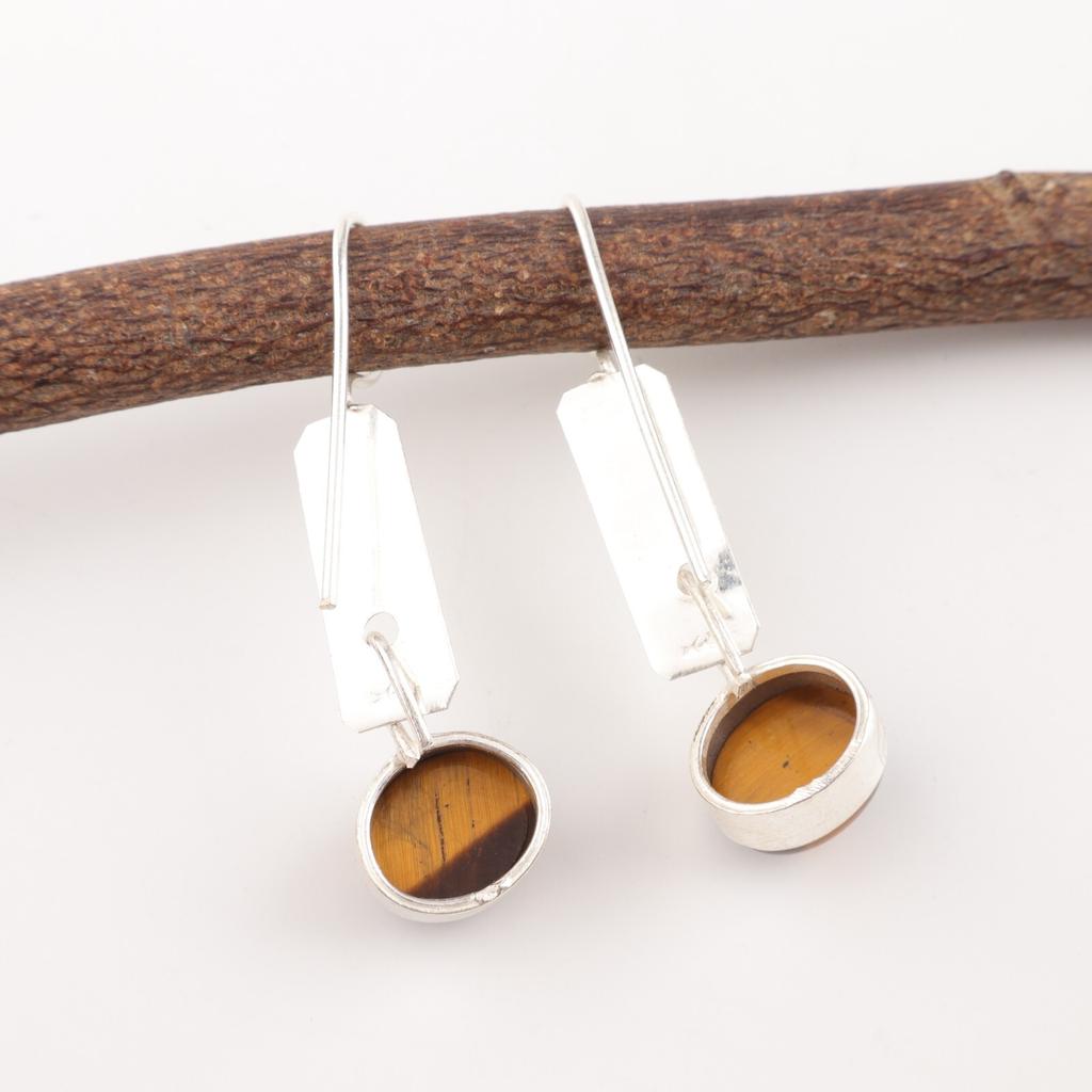 Yellow Tiger's Eye Gemstone 925 Sterling Silver Jewelry Handmade Earrings 1.9" EE-168-23