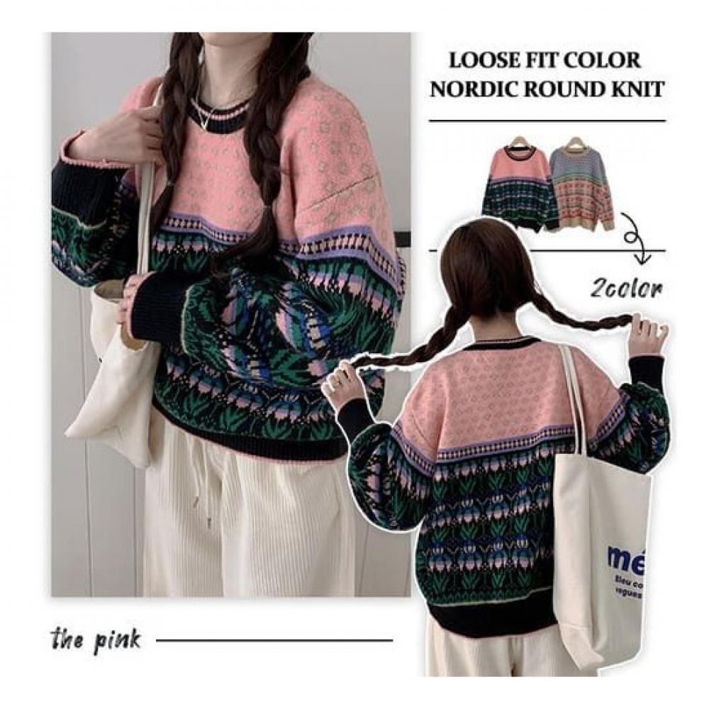 The Pink Women Loose Fit Color Block Nordic Round Knit