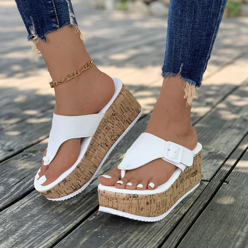 New Large-size Toe Solid Color Thick-soled Slippers Cross-border Independent Station Slope Heel Women's Buckle Fish Mouth Flip-flops