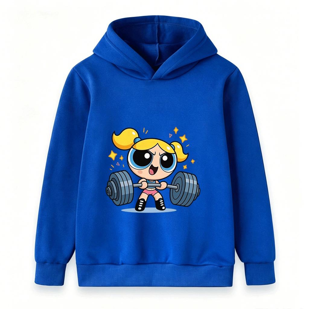 Kids Boys Girls Pullover Hoodie, Cute Bubbles Powerpuff Weight Lifting Cartoon Print Casual Soft Hooded Sweatshirt for Children Daily Wear
