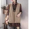 Spring  Autumn Vintage Knitted Vest Women  Loose V-neck Double Pocket Sleeveless Sweater Knitted Waistcoat Outwear
