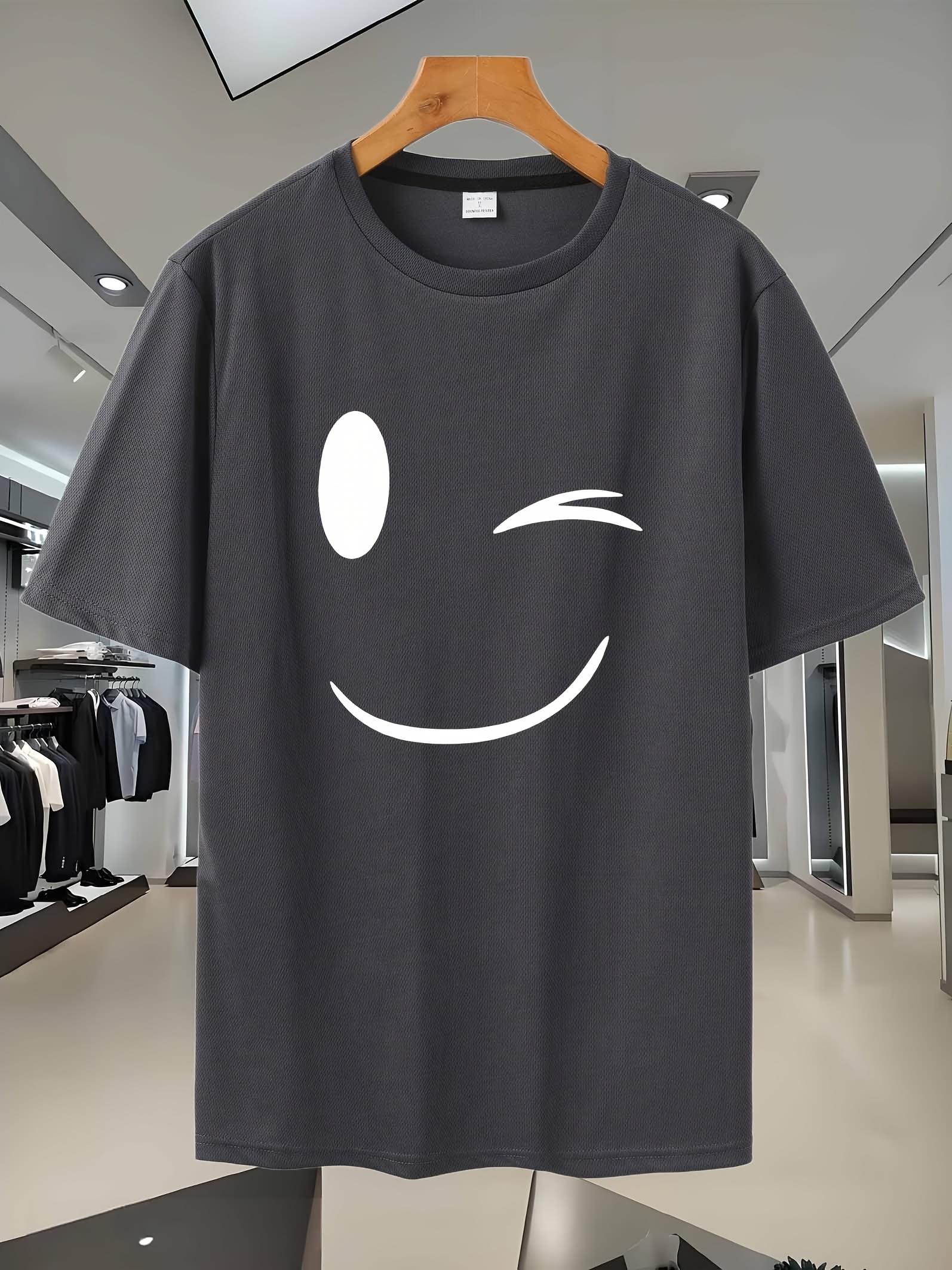 Navy Blue Happy Face Graphic T-shirt - Casual XXXL