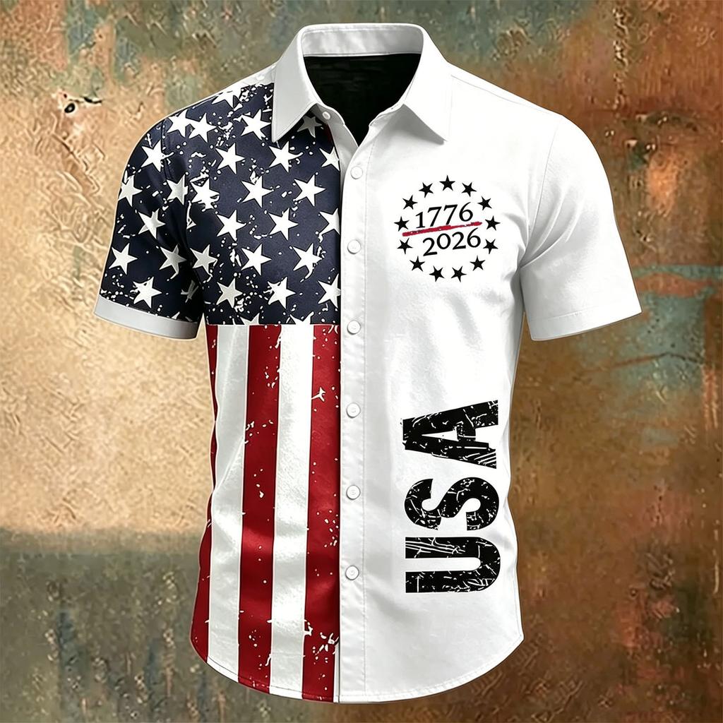 Men's Short Sleeve Collared Casual Shirt with USA Letter Print and Independence Day Theme Button Down Design for Spring Summer