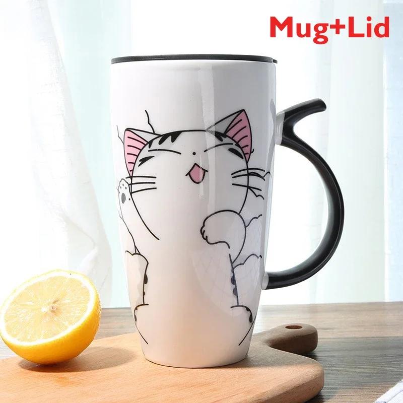 Cană de cafea din ceramică cu pisică drăguță de 600 ml, cu capac, căni cu animale de capacitate mare, băuturi creative, cafea, ceai, cadouri, noutate, ceașcă cu lapte