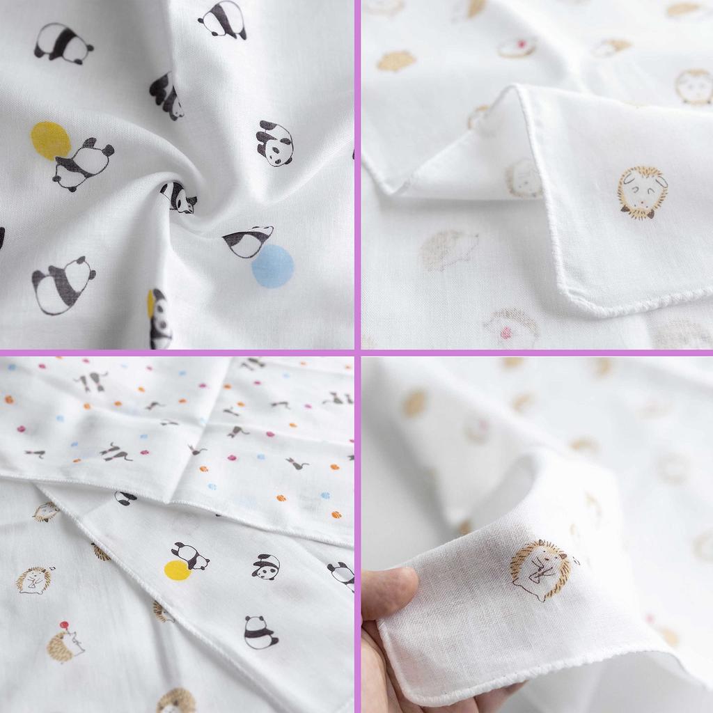 Made in Japan Gauze Tenugui Hand Towels, Soft to the Touch, 100% Cotton, Approx. 35cm x 90cm (Set of 3, A. Hedgehog, Panda, Cat)