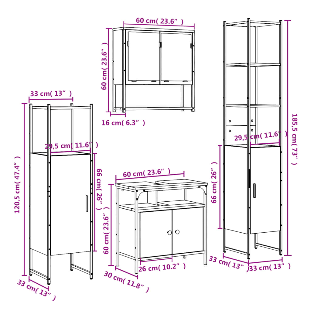 4 piece bathroom furniture set in smoked oak wood based material