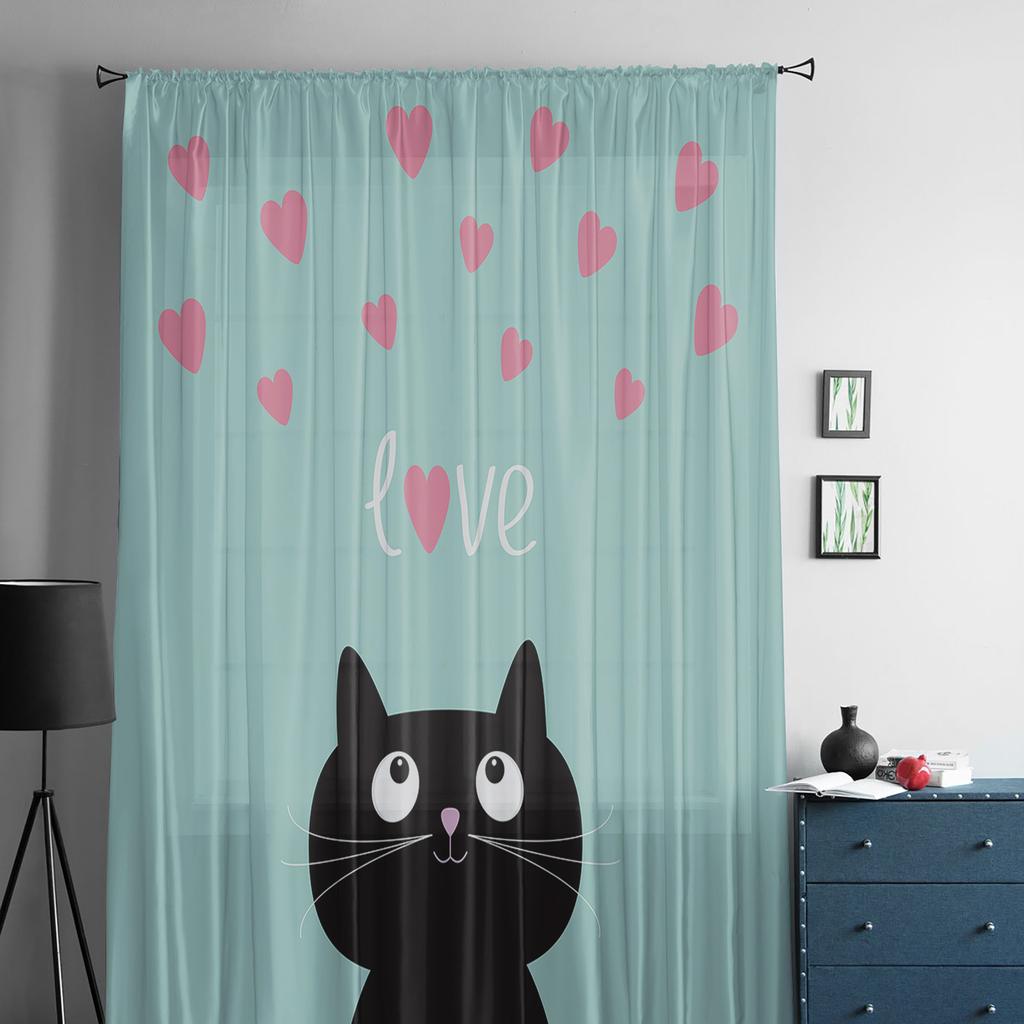 Cat Love Letters Sheer Curtain For Bedroom Tulle Voile Curtain For Kitchen Living Room Decor Window Treatment