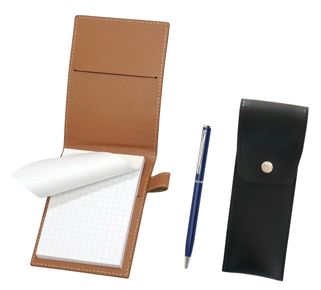 Recycled cowhide mini notebook cover Mocha with round button pen case black Slim rotary ballpoint pen set Blue LS022PM-BRSB-PD04-L