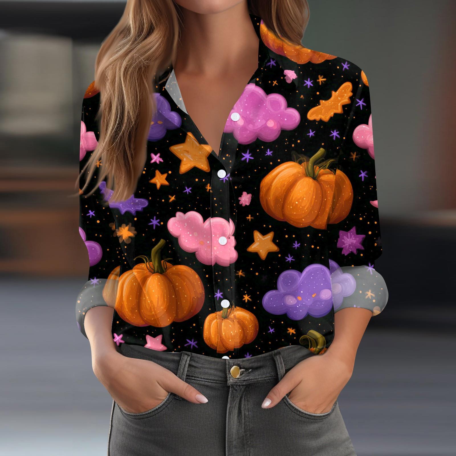 Women s Halloween Printed Casual Half-Open Collar Long Sleeve Shirt L фиолетовый