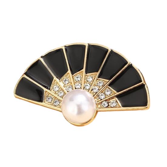 Rhinestone Fan Brooch Faux Pearl Brooch, Women Girls Chinese Lapel Accessory Pin, Decorative Badge Jewelry for Clothes Bag Hat Scarf Suit Non-fading чёрный