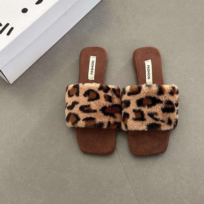 Retro temperament casual cotton drag square head girls fluffy slippers autumn and winter fashion comfortable one-word cotton slippers