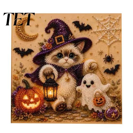 Family Fun Handcrafts Halloween Cat Faux Pearl Painting Art Kit, Spooky 3D Beads Creative Gift Crafts, Cute Witch Gem Wall for Adults, Craft
