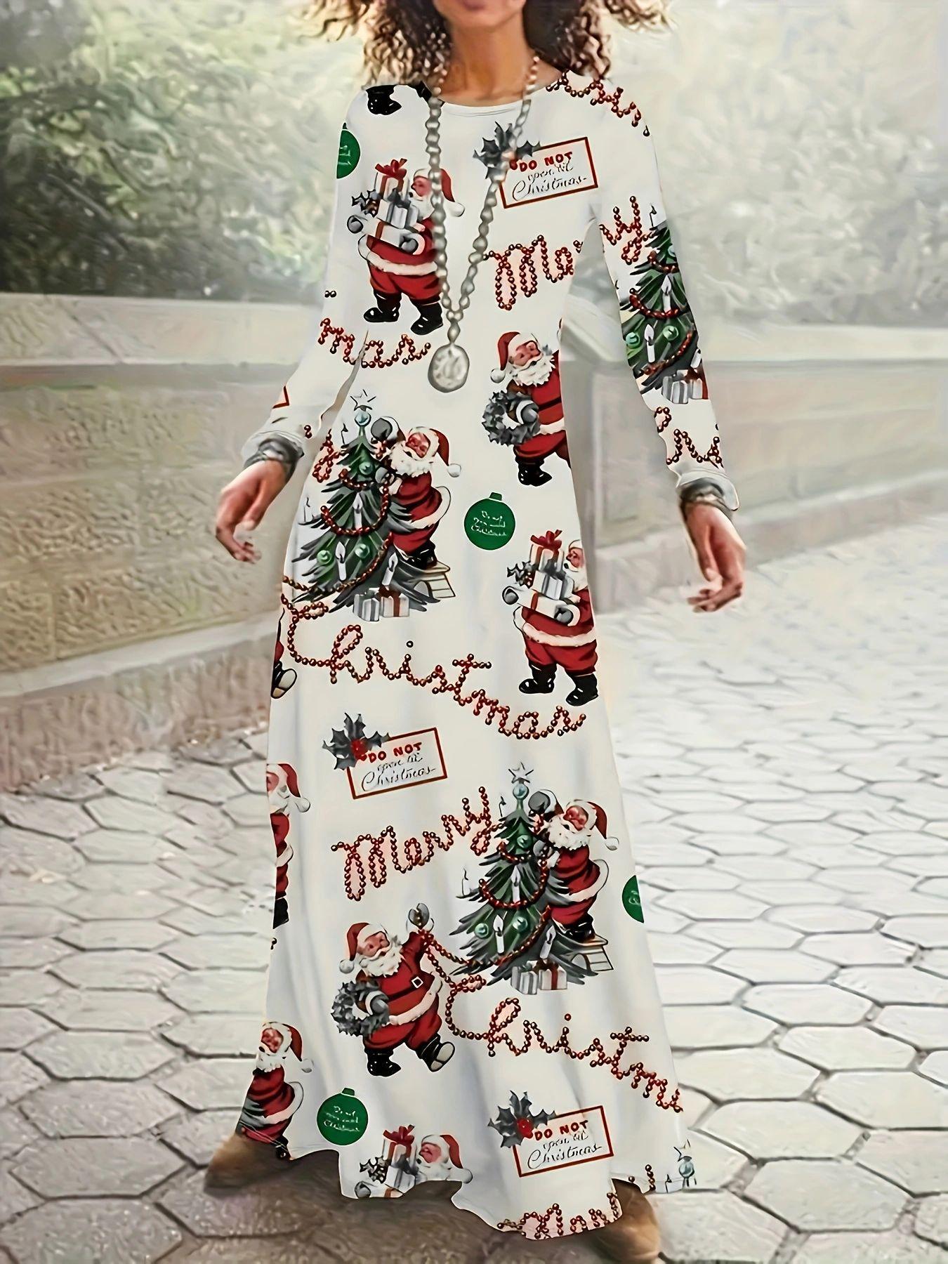 

Elegant Santa Claus Print Long Sleeve Dress for Autumn/Winter Small белый