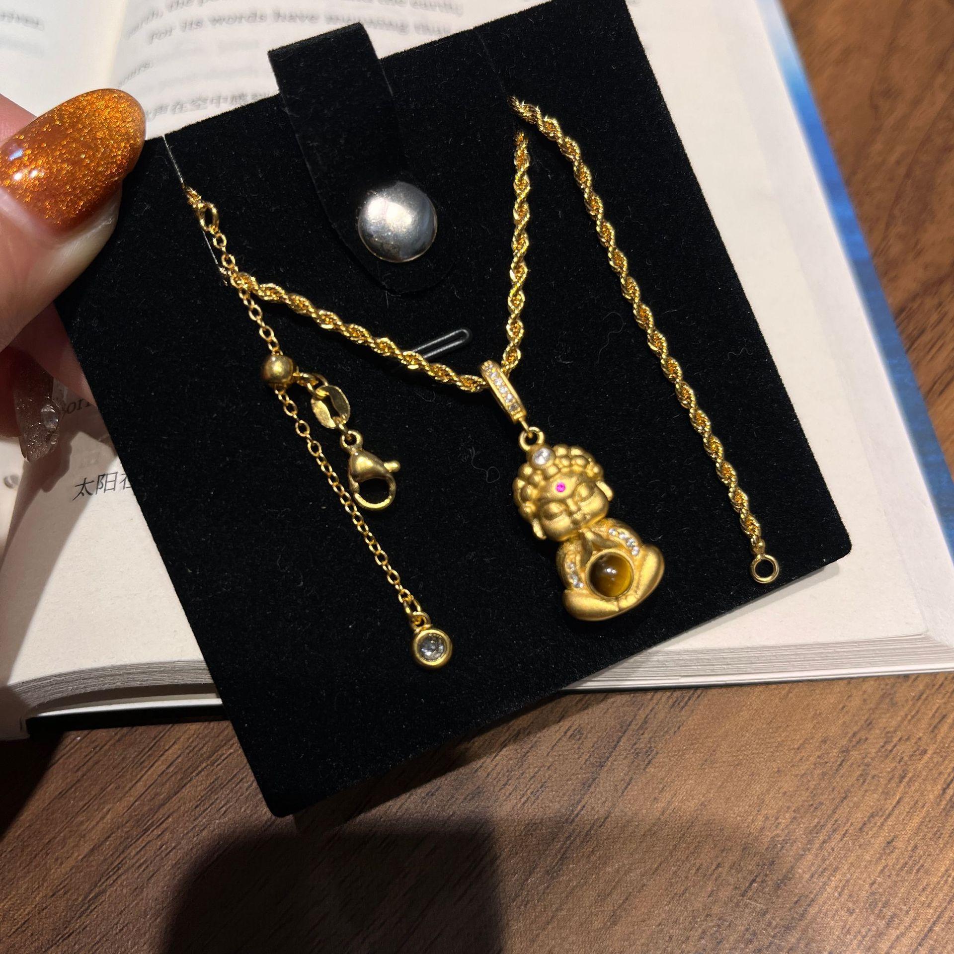 Ancient Matte Tiger Eye Baby Buddha Necklace Long Braided Sweater Chain Small Golden Buddha Pendant