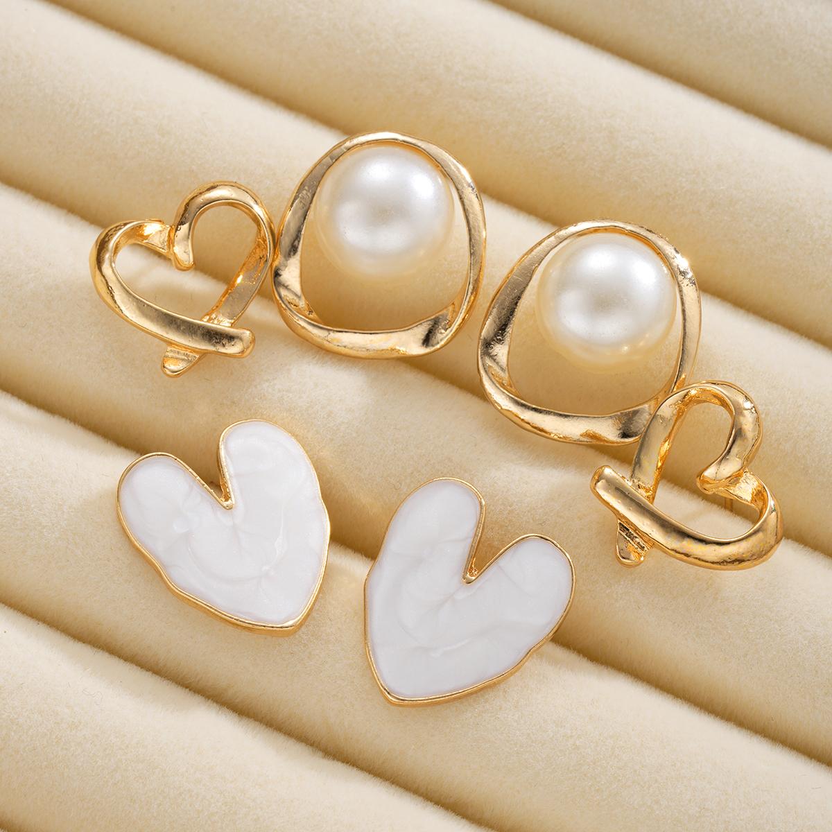 

6Pcs Enamel Heart Stud Earrings Set For Women Gold Plated Pearl Heart Drop Oil Earring Minimalist Dainty Love Heart Jewelry Gift