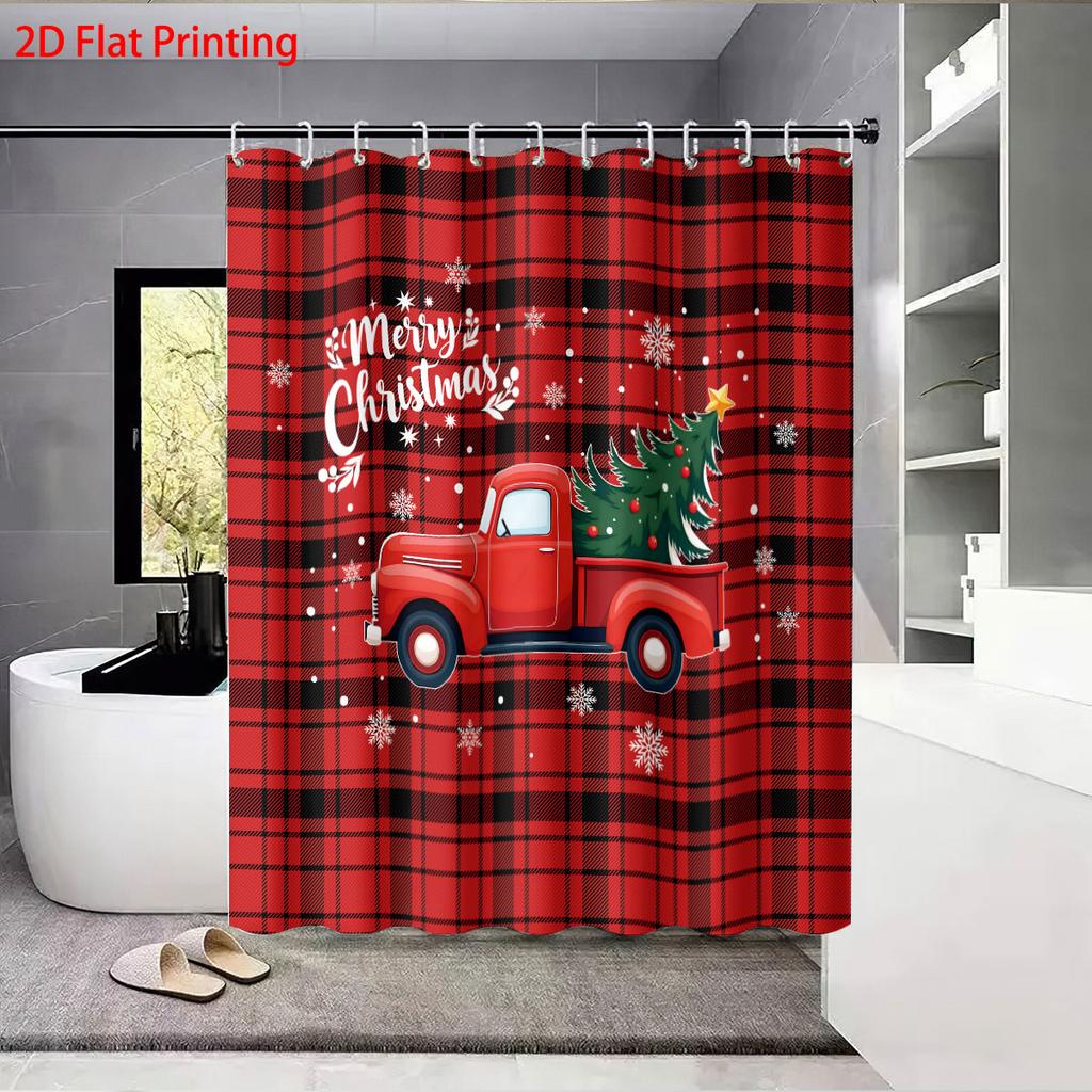 1Pc Red Checkered Truck Print Waterproof Shower Curtain Multiple Size Privacy Hanging Curtain And 12 Hooks For Easy Installation