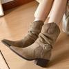 Leather Boots Short Boots Women's 2025 Autumn Thin Medium Tube Knight Boots Suede Matte High Heel Western Cowboy Boots