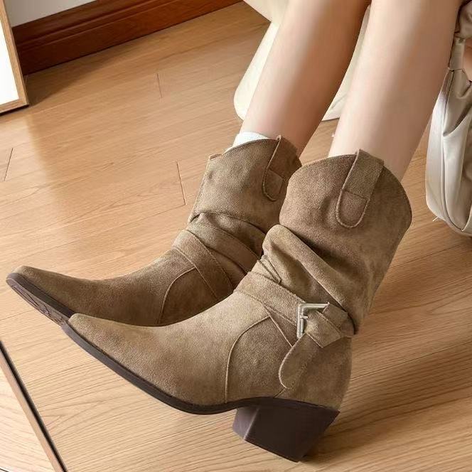 Leather Boots Short Boots Women's 2025 Autumn Thin Medium Tube Knight Boots Suede Matte High Heel Western Cowboy Boots