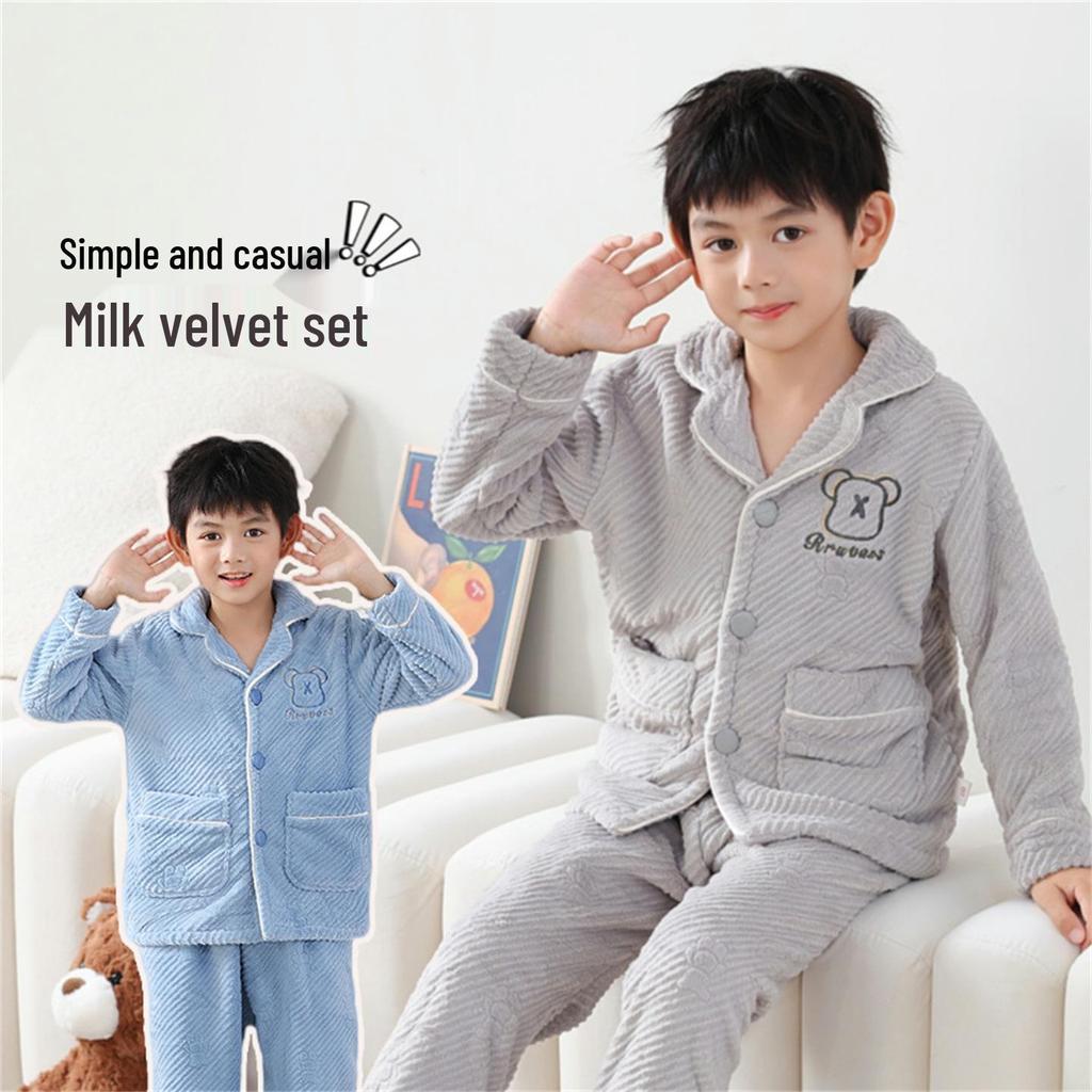 Warm Flannel Boys' Pajamas - Milk Velvet Coral Fleece Winter Sleepwear for Children