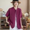 Johnature Women Vintage Shirts Tops Summer Chinese Style Solid Color Blouses Short Sleeve Pockets Female Shirts