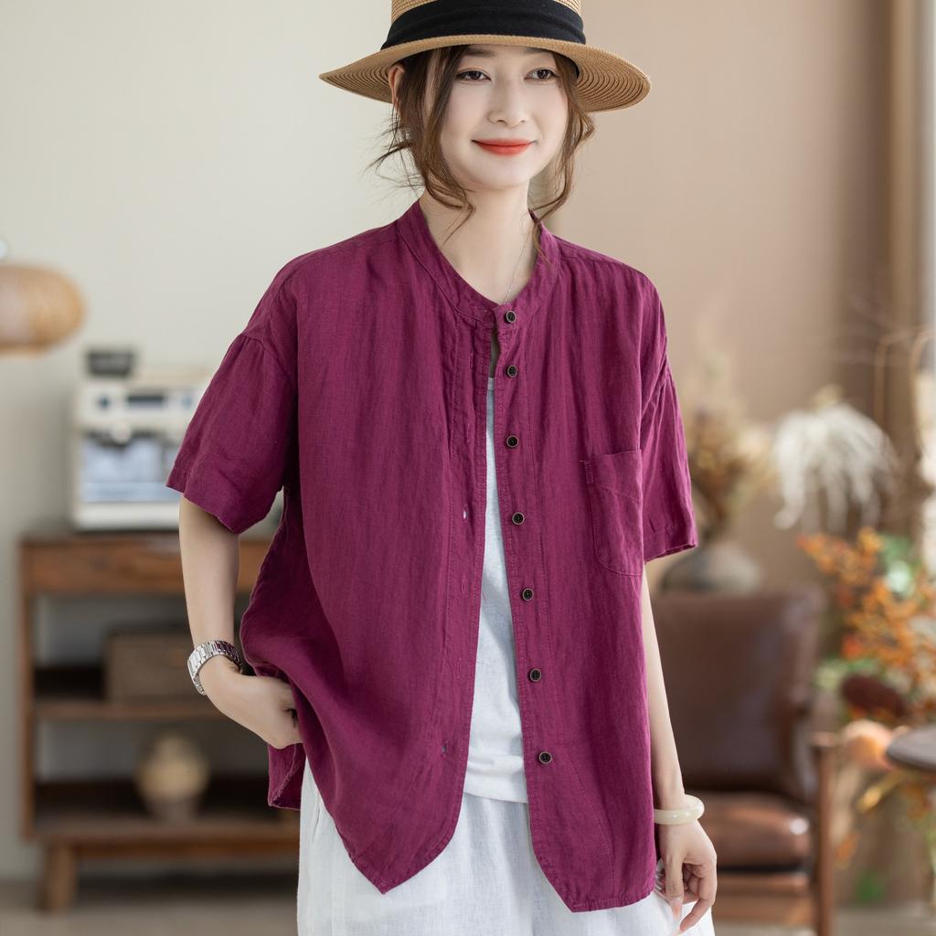 Johnature Women Vintage Shirts Tops Summer Chinese Style Solid Color Blouses Short Sleeve Pockets Female Shirts