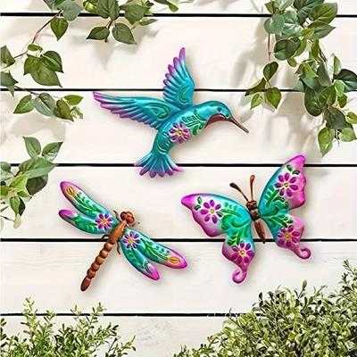 3pcs Plastic Brightly Coloured Hummingbird Butterfly Dragonfly Wall Sculptures - Plastic Wall Art for Home, Garden, Outdoors and Indoors - Beautiful