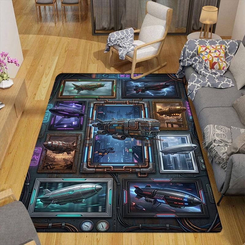 Steampunk Airship Gallery Pattern Rug Floor Mat for Living Room or Bedroom Soft and Comfortable Carpet a Gift for Birthday and Holiday.
