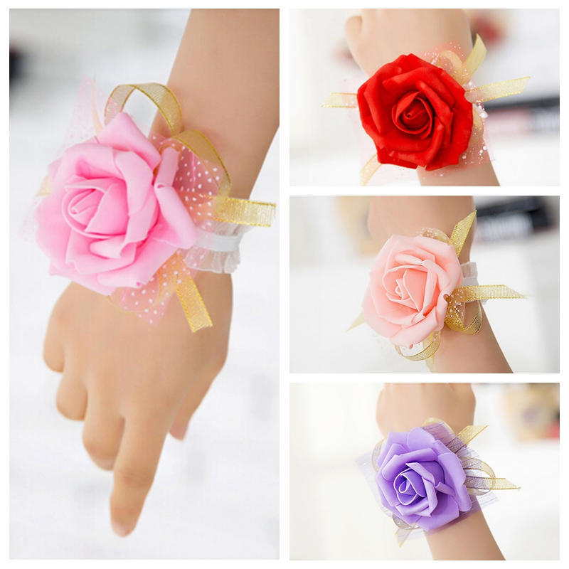 Bridesmaid Wrist Corsage Wedding Party Rose Bracelet Silk Flowers Ribbon