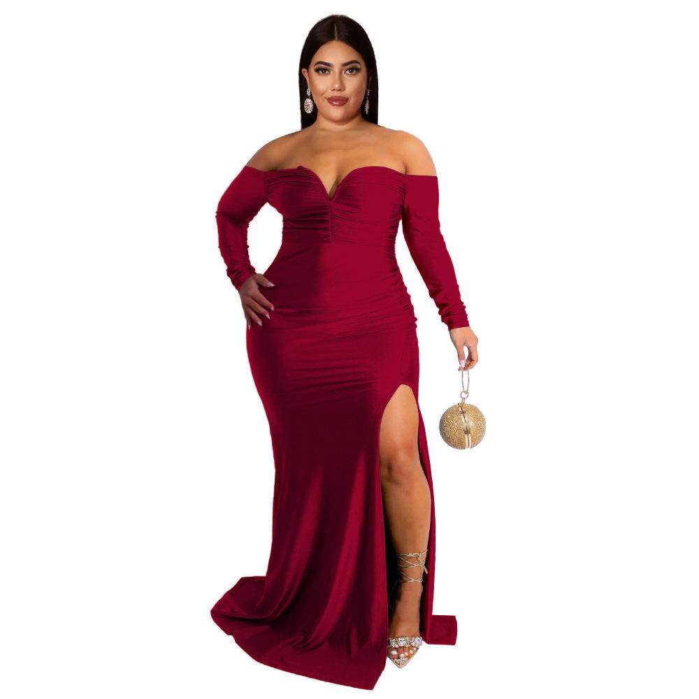 Spring and Autumn Women's Dress Plus Size Sexy Dress V-Neck Ceremony Dress Solid Color Split Long Dresses
