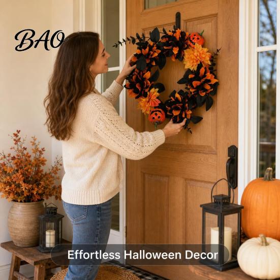 Halloween Garland Decoration Wreath for Front Door, Artificial Fall Maple Leaf Rose Pumpkin Seasonal Porch Hanging Piece Wreath, Autumn Harvest