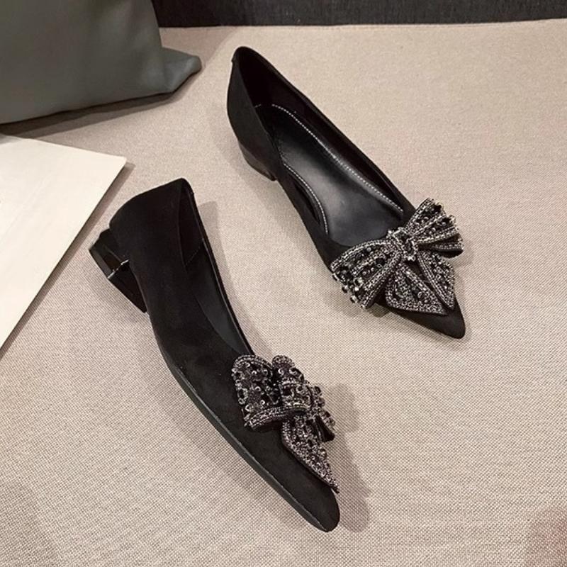 2026 Shoes Woman Flats Shallow Mouth Bow-Knot Crystal Low Heels Pointed Toe Dress on Heels Butterfly New  Rhinestone Nurse Butte
