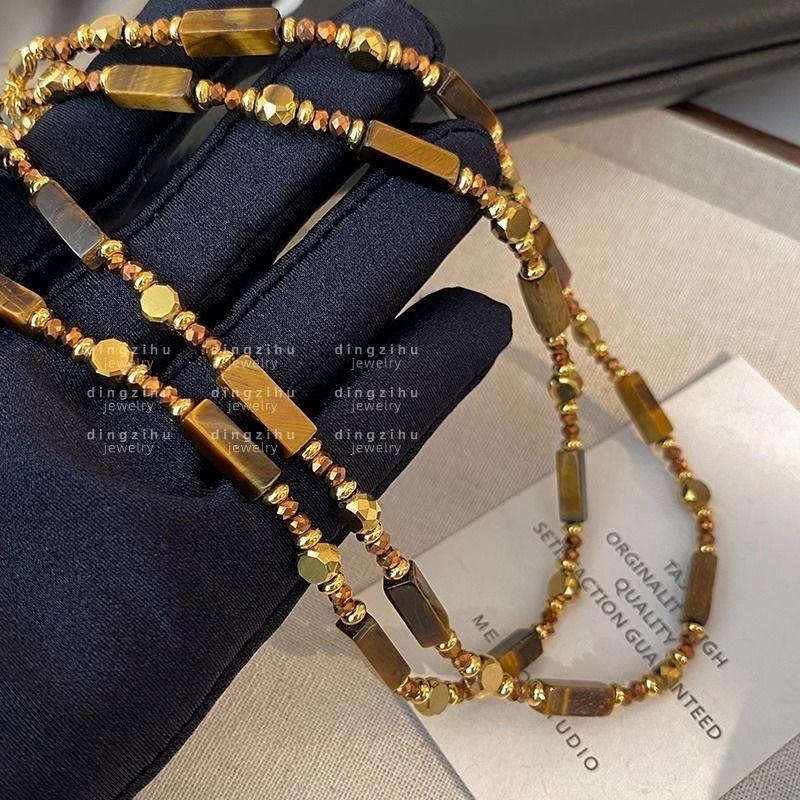 Retro Natural Tiger's Eye Stone Beaded Necklace 2024 Autumn and Winter New Stacked High-end Sweater Chain Collarbone Chain Neck Chain