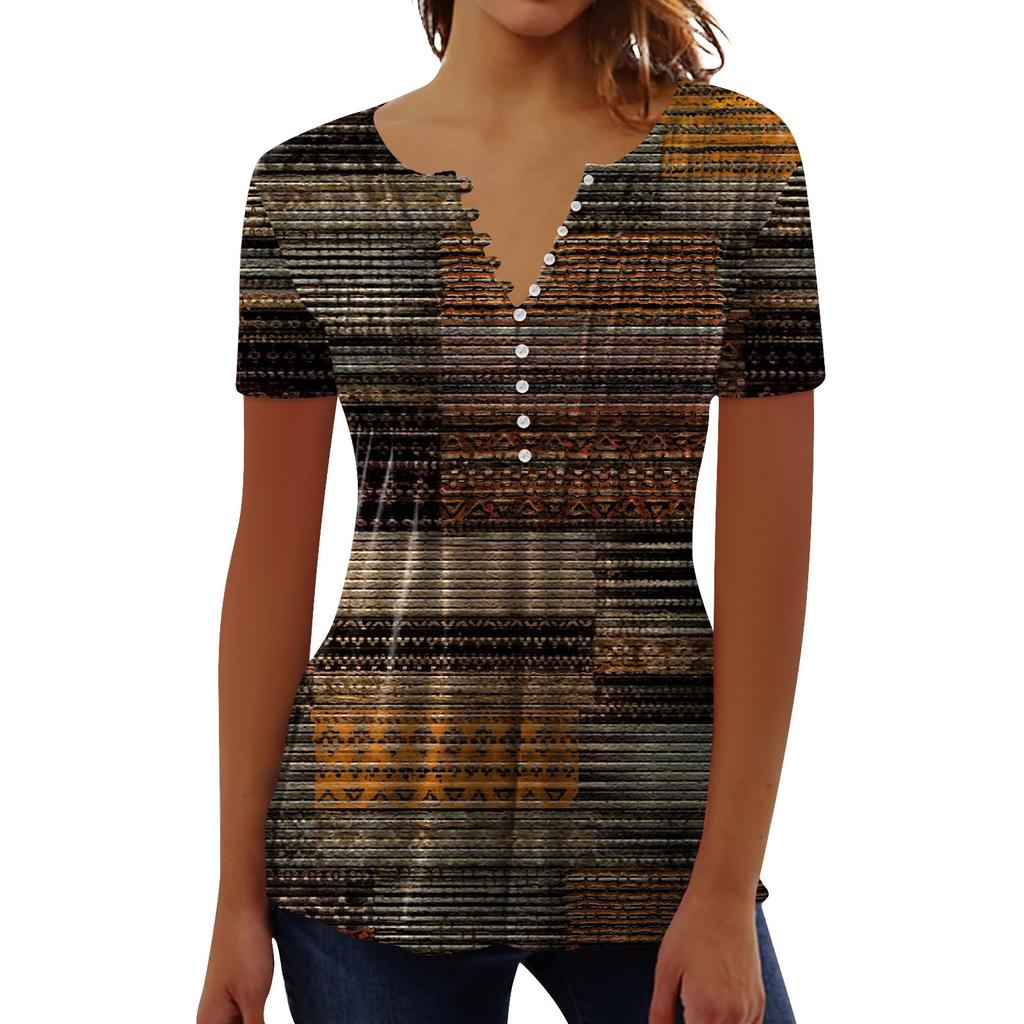 Women's Shirt Blouse Button Retro Print Short Sleeve Casual Basic Round Neck Regular Top