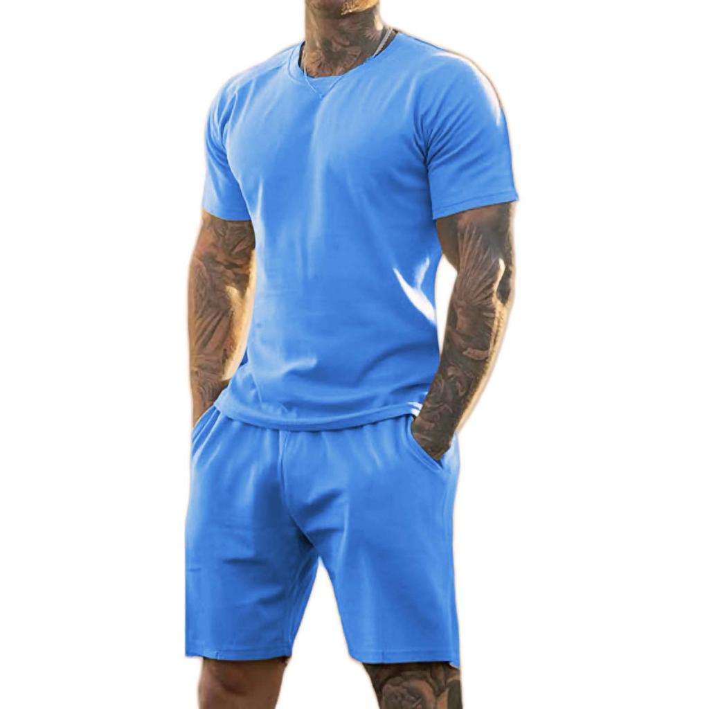 Men's Solid Color Shoulder Short Sleeved Shorts Breathable Men's Casual 2-piece Set