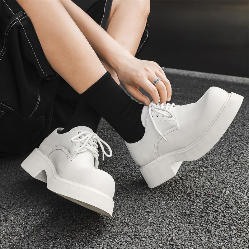 Platform single shoes men's spring and autumn round head lace-up middle heel muffin men's shoes work black small leather shoes 9522-J