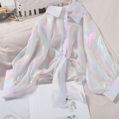 Women Sun Protection Shirt Lapel 3/4 Sleeve Rainbow Bright Color Shirt Single Breasted Bow Tie Style Top Thin Chiffon Shirt