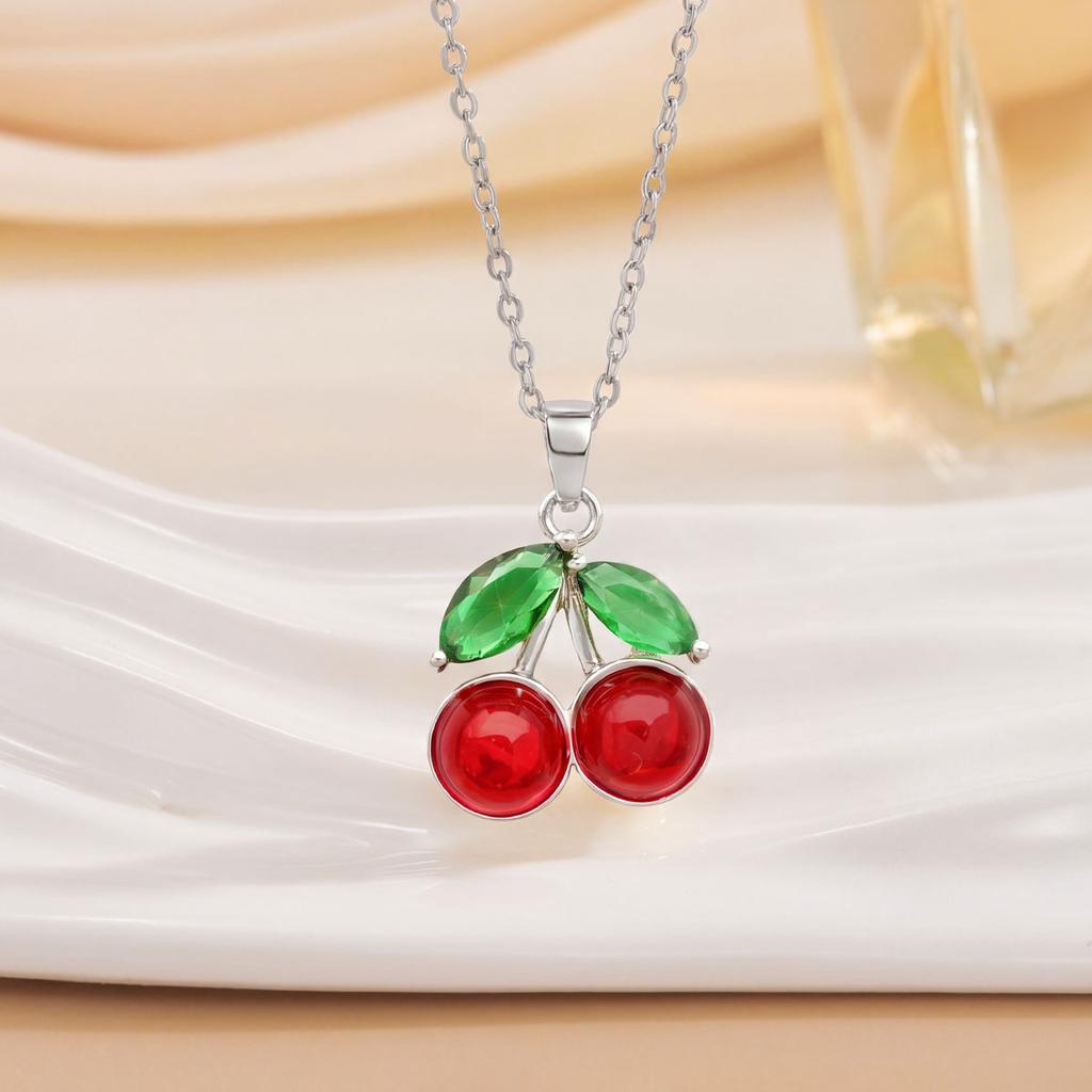 Cherry Fruit Necklace - A Simple and Versatile Summer Accessory for Women, Featuring A Lockbone Chain with A Charming Cherry Fruit Design.