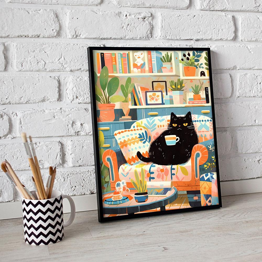 Cute Cat Print Wall Art of Coffee Lovely Black Cat Painting Cat Mom Gift for Cat Parents Birthday Wall Decoration Pictures