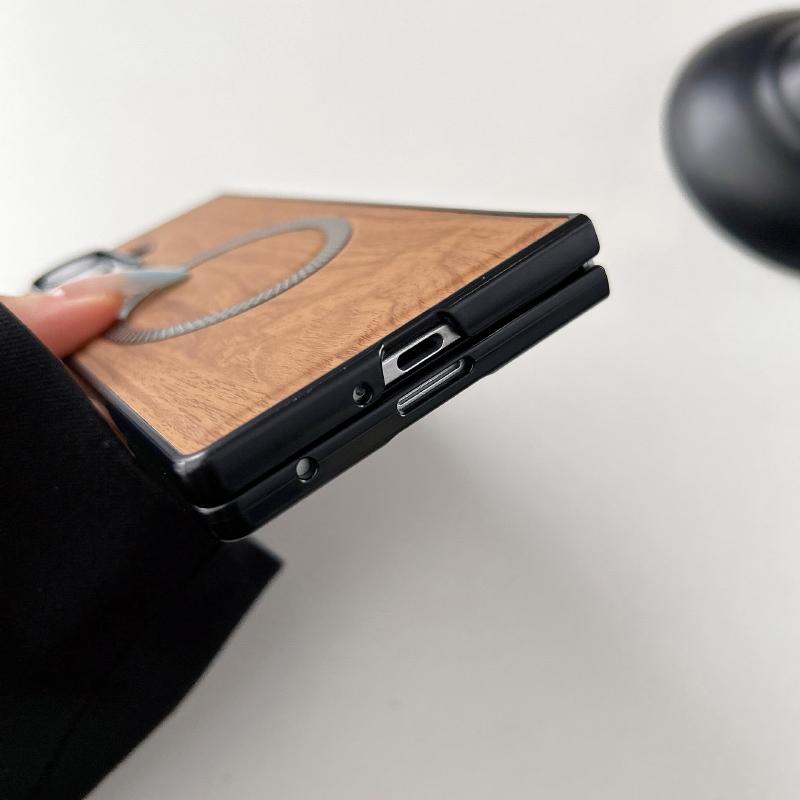 MagSafe Magnetic Wireless Charging PC+ Imitation Wood Grain Leather Phone Case For Samsung Z Fold 7 6 5 4 3 Folding Back Cover