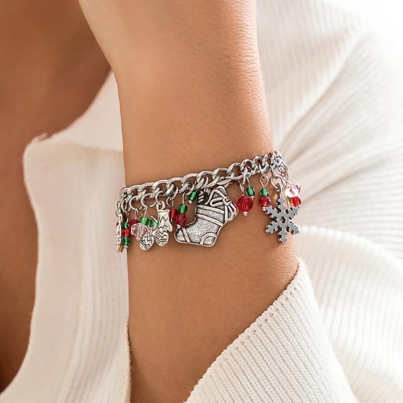 Christmas Bell Bracelet Multi Color Stretch Beads Featuring Snowflakes And Trees Perfect For Holiday Celebrations