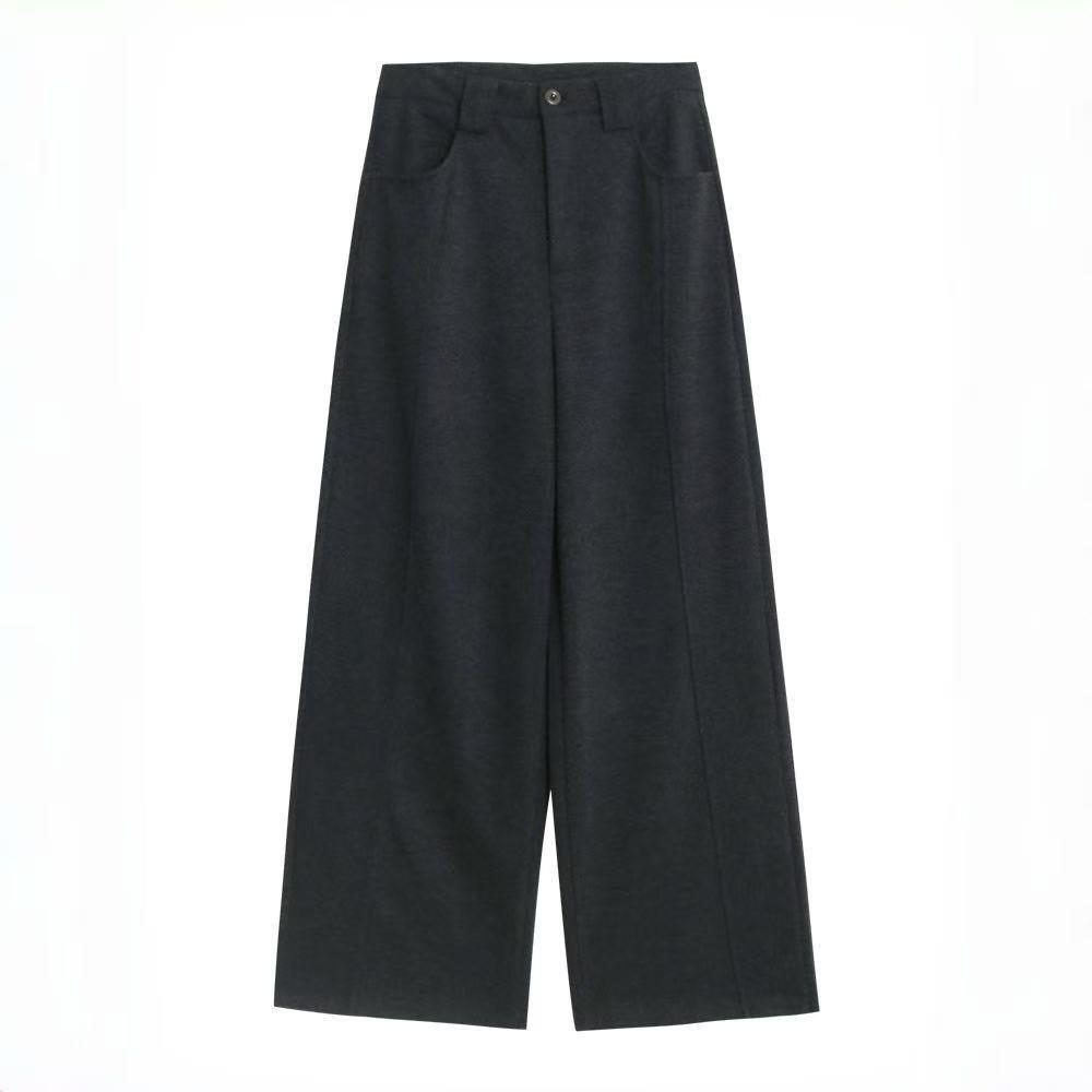 Women's Grey Wool Suit Pants - Autumn Drape, Versatile Wide-Leg, Straight, Solid Color
