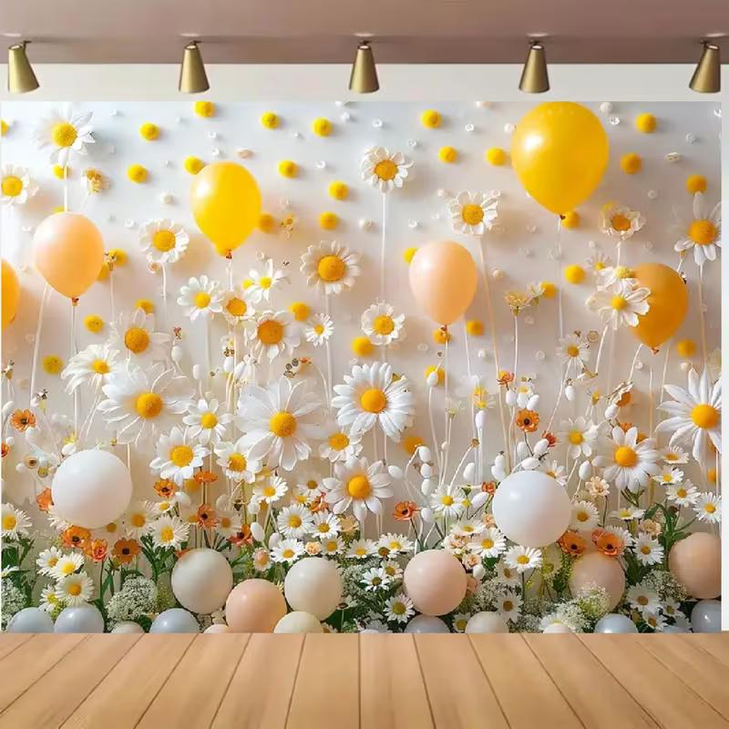 2D Pastel Balloons and Daisies Background Cloth Photo Booth Prop