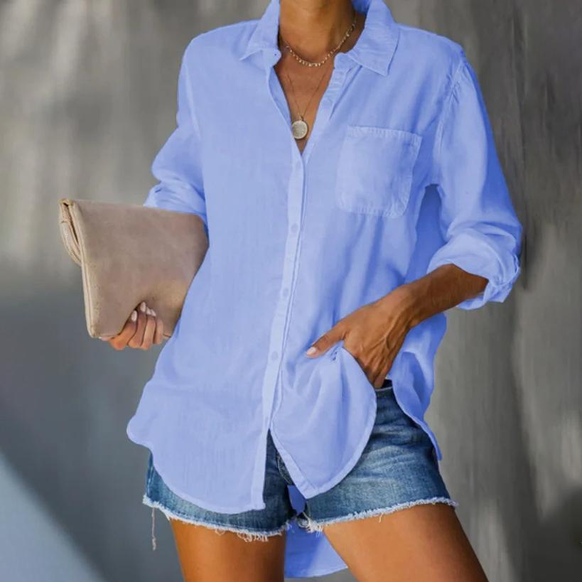 Women's Shirt Solid Colour Large Size Casual Loose Button Down Shirt