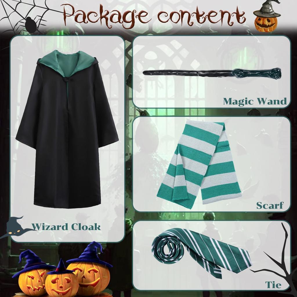 Formemory Halloween Costume Complete Includes and Magic Wand and Lights Unisex Cosplay Magic Wand Size Set, 4-Piece Set, Green, Robe, Necktie, Scarf,