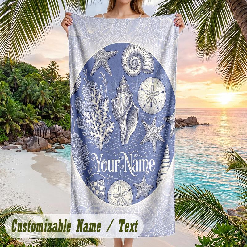 Oceanic Serenity 3 Theme Quick Dry Beach Towel Custom Name Text Print Large Sand Resistant Towel Beach Vacation